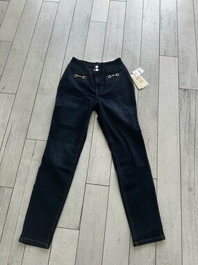 Cache Navy Skinny High-Rise Jeans with Gold Accent